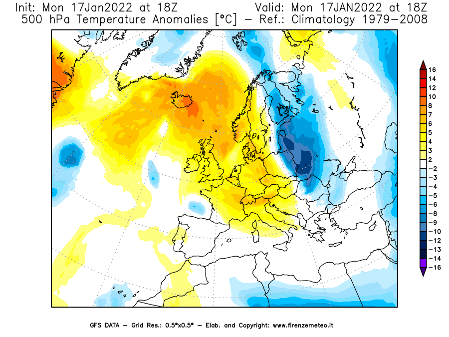 Mappa di analisi GFS - Anomalia Temperatura [°C] a 500 hPa in Europa
							del 17/01/2022 18 <!--googleoff: index-->UTC<!--googleon: index-->