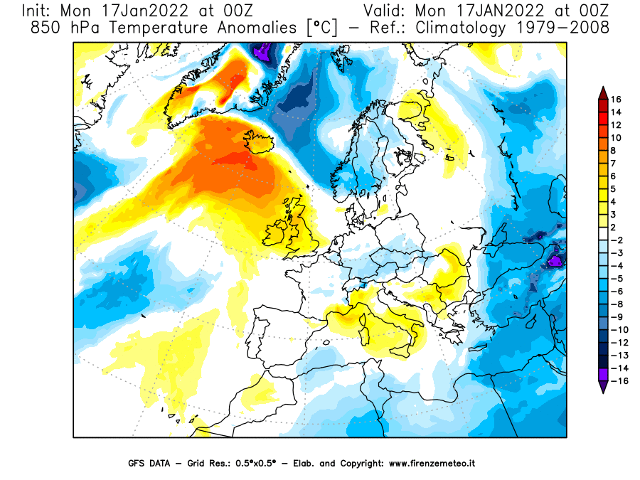 Mappa di analisi GFS - Anomalia Temperatura [°C] a 850 hPa in Europa
							del 17/01/2022 00 <!--googleoff: index-->UTC<!--googleon: index-->