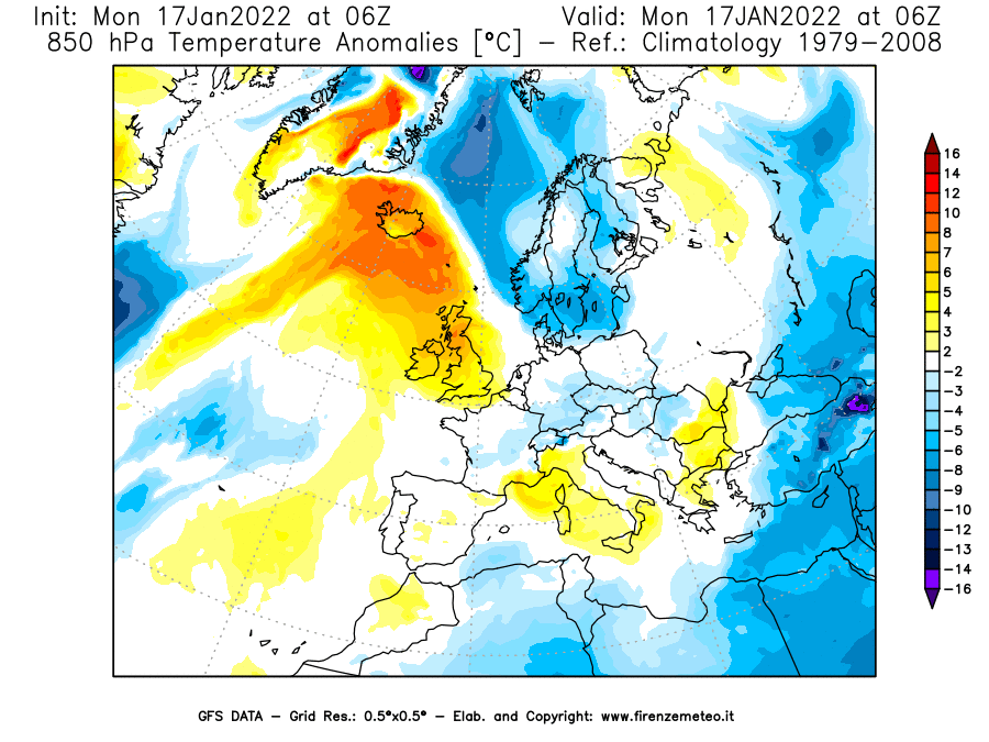 Mappa di analisi GFS - Anomalia Temperatura [°C] a 850 hPa in Europa
							del 17/01/2022 06 <!--googleoff: index-->UTC<!--googleon: index-->