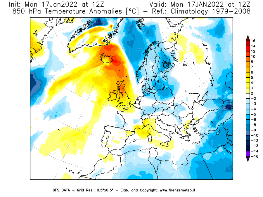 Mappa di analisi GFS - Anomalia Temperatura [°C] a 850 hPa in Europa
							del 17/01/2022 12 <!--googleoff: index-->UTC<!--googleon: index-->