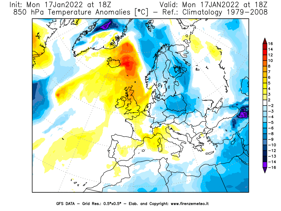 Mappa di analisi GFS - Anomalia Temperatura [°C] a 850 hPa in Europa
							del 17/01/2022 18 <!--googleoff: index-->UTC<!--googleon: index-->