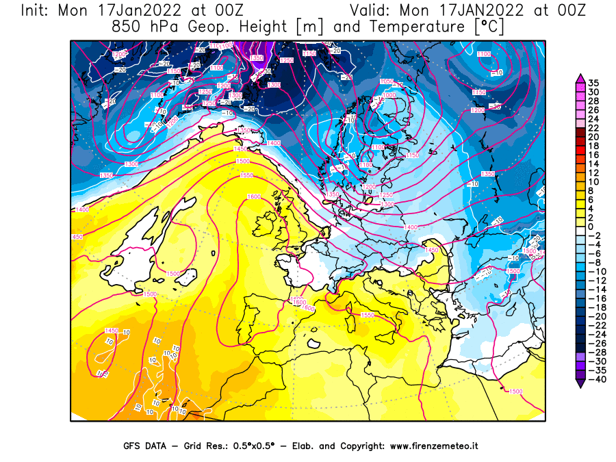 Mappa di analisi GFS - Geopotenziale [m] e Temperatura [°C] a 850 hPa in Europa
							del 17/01/2022 00 <!--googleoff: index-->UTC<!--googleon: index-->