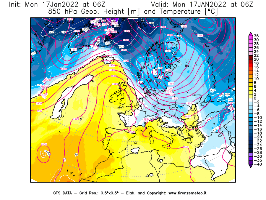 Mappa di analisi GFS - Geopotenziale [m] e Temperatura [°C] a 850 hPa in Europa
							del 17/01/2022 06 <!--googleoff: index-->UTC<!--googleon: index-->