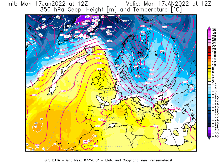 Mappa di analisi GFS - Geopotenziale [m] e Temperatura [°C] a 850 hPa in Europa
							del 17/01/2022 12 <!--googleoff: index-->UTC<!--googleon: index-->