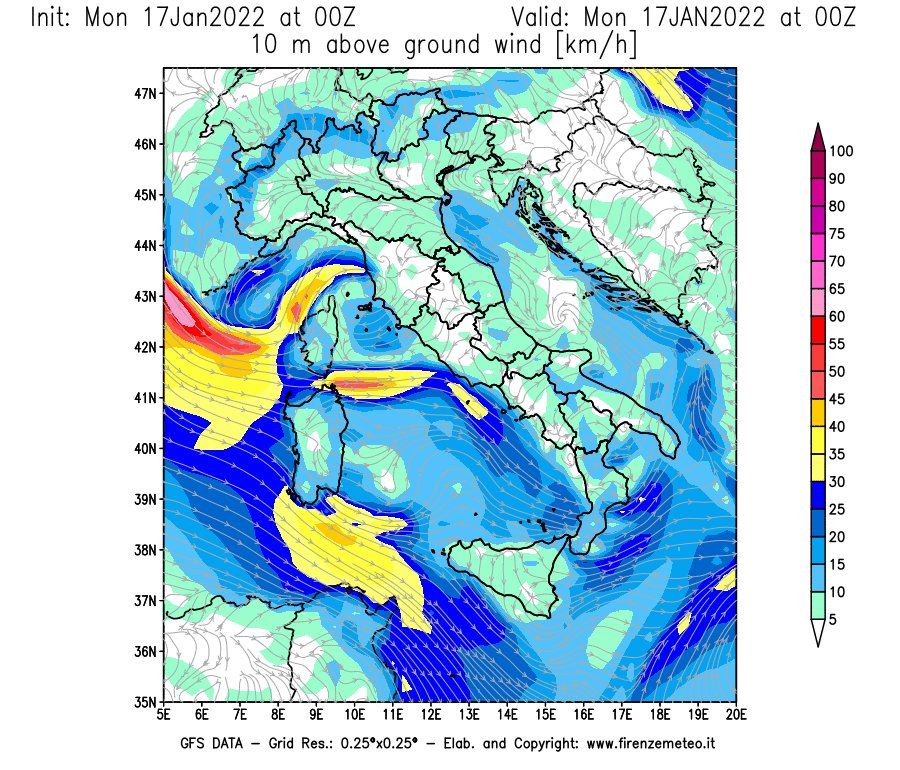 Mappa di analisi GFS - Velocità del vento a 10 metri dal suolo [km/h] in Italia
							del 17/01/2022 00 <!--googleoff: index-->UTC<!--googleon: index-->