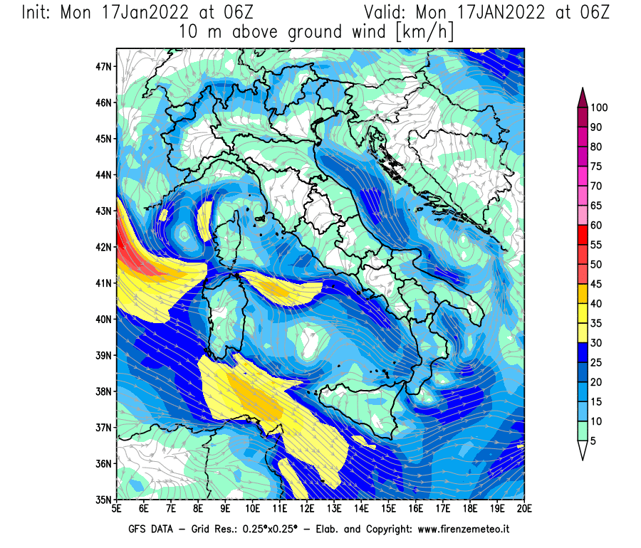 Mappa di analisi GFS - Velocità del vento a 10 metri dal suolo [km/h] in Italia
							del 17/01/2022 06 <!--googleoff: index-->UTC<!--googleon: index-->