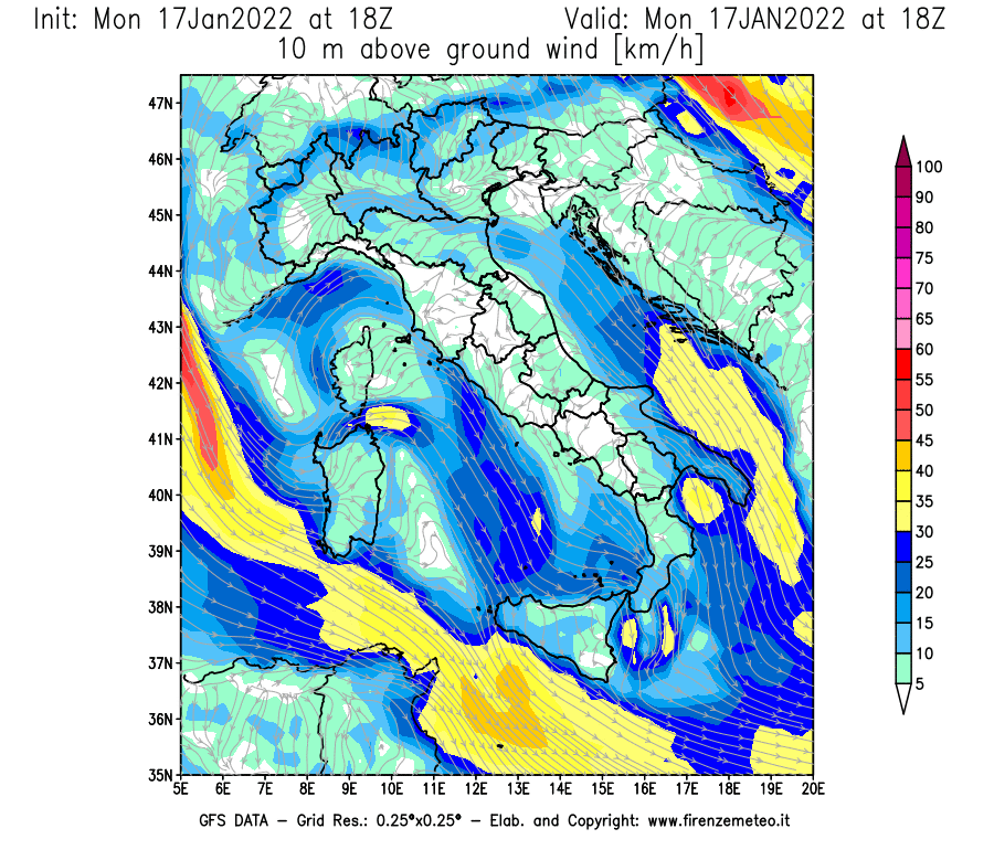 Mappa di analisi GFS - Velocità del vento a 10 metri dal suolo [km/h] in Italia
							del 17/01/2022 18 <!--googleoff: index-->UTC<!--googleon: index-->