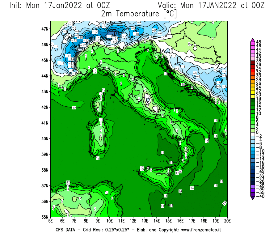 Mappa di analisi GFS - Temperatura a 2 metri dal suolo [°C] in Italia
							del 17/01/2022 00 <!--googleoff: index-->UTC<!--googleon: index-->
