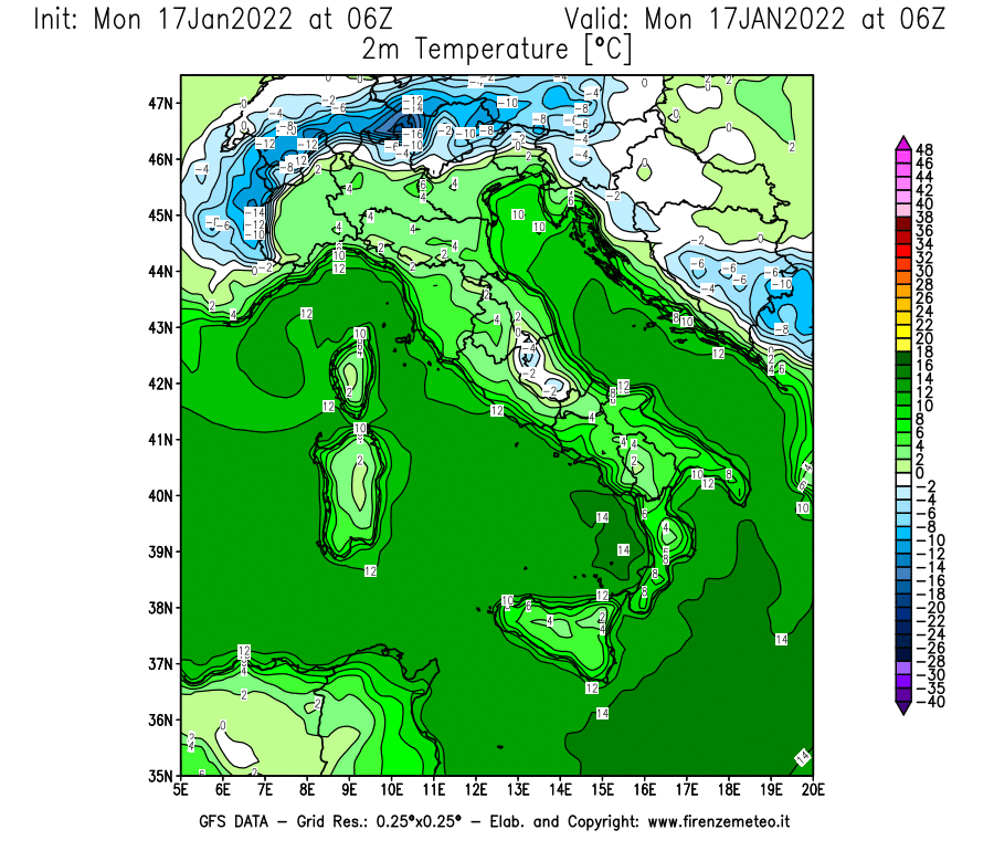 Mappa di analisi GFS - Temperatura a 2 metri dal suolo [°C] in Italia
							del 17/01/2022 06 <!--googleoff: index-->UTC<!--googleon: index-->