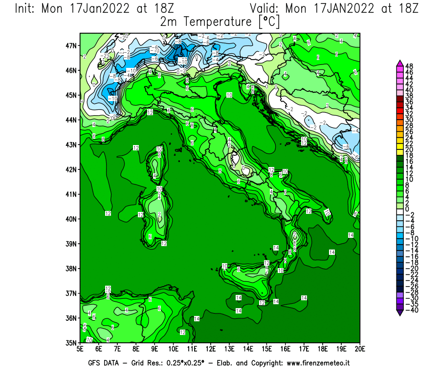 Mappa di analisi GFS - Temperatura a 2 metri dal suolo [°C] in Italia
							del 17/01/2022 18 <!--googleoff: index-->UTC<!--googleon: index-->