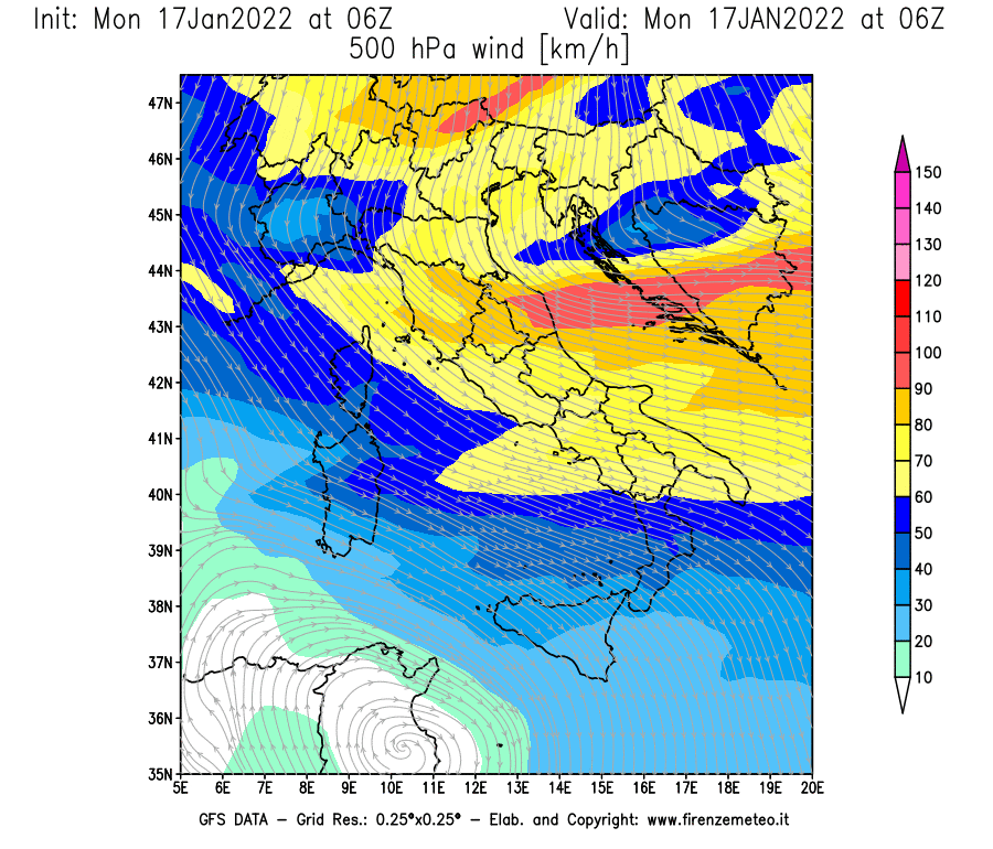 Mappa di analisi GFS - Velocità del vento a 500 hPa [km/h] in Italia
							del 17/01/2022 06 <!--googleoff: index-->UTC<!--googleon: index-->
