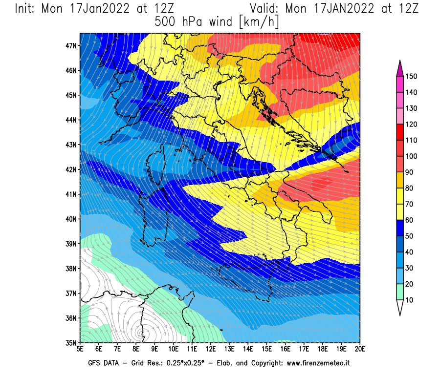 Mappa di analisi GFS - Velocità del vento a 500 hPa [km/h] in Italia
							del 17/01/2022 12 <!--googleoff: index-->UTC<!--googleon: index-->