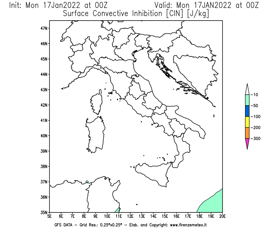 Mappa di analisi GFS - CIN [J/kg] in Italia
							del 17/01/2022 00 <!--googleoff: index-->UTC<!--googleon: index-->