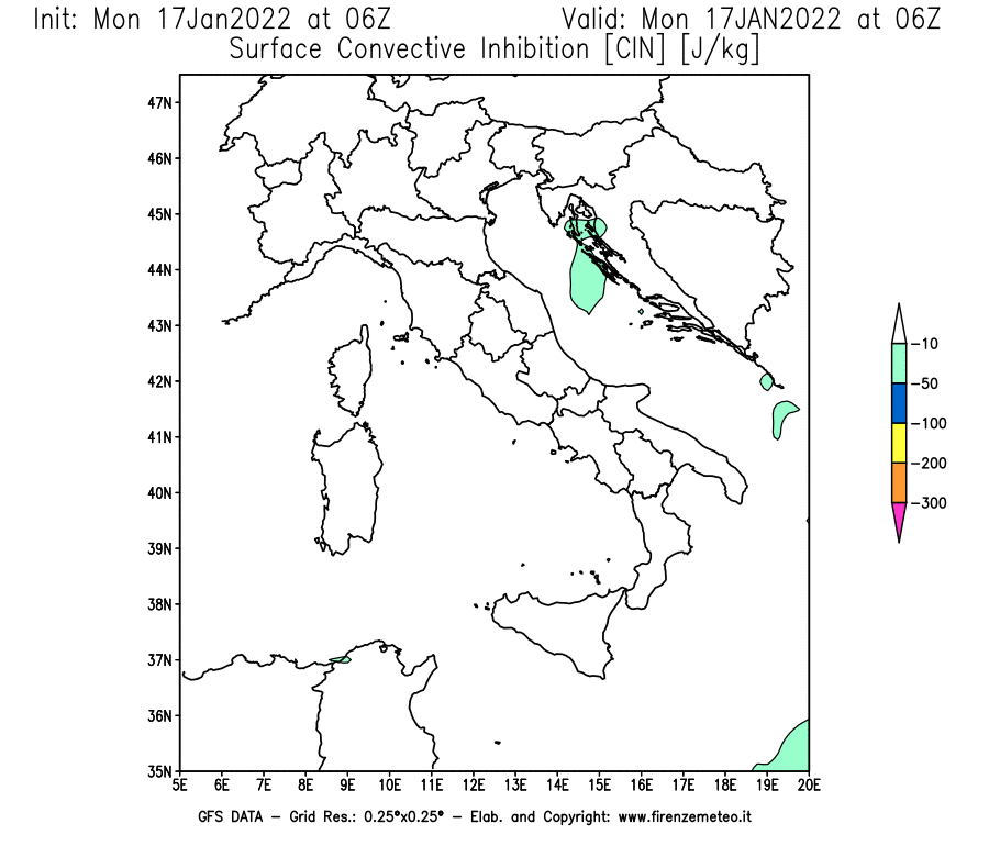 Mappa di analisi GFS - CIN [J/kg] in Italia
							del 17/01/2022 06 <!--googleoff: index-->UTC<!--googleon: index-->