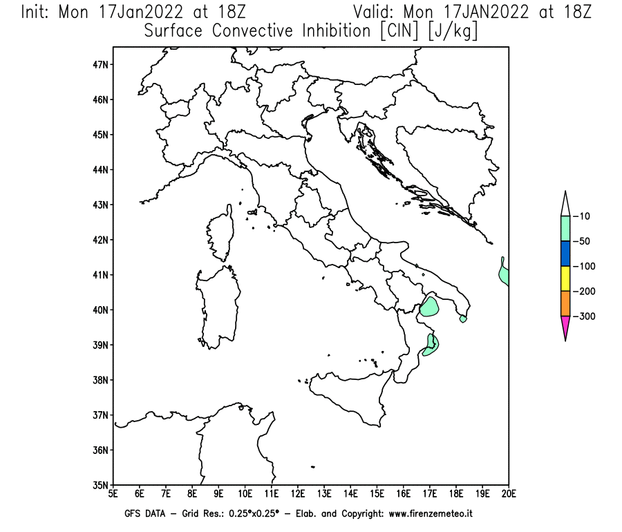 Mappa di analisi GFS - CIN [J/kg] in Italia
							del 17/01/2022 18 <!--googleoff: index-->UTC<!--googleon: index-->