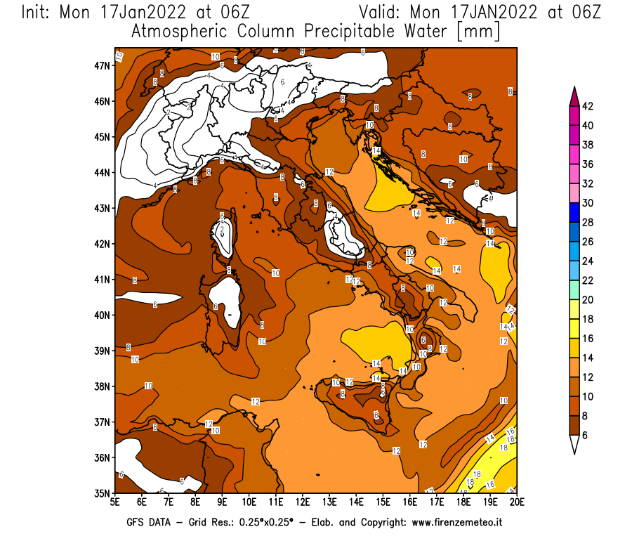Mappa di analisi GFS - Precipitable Water [mm] in Italia
							del 17/01/2022 06 <!--googleoff: index-->UTC<!--googleon: index-->