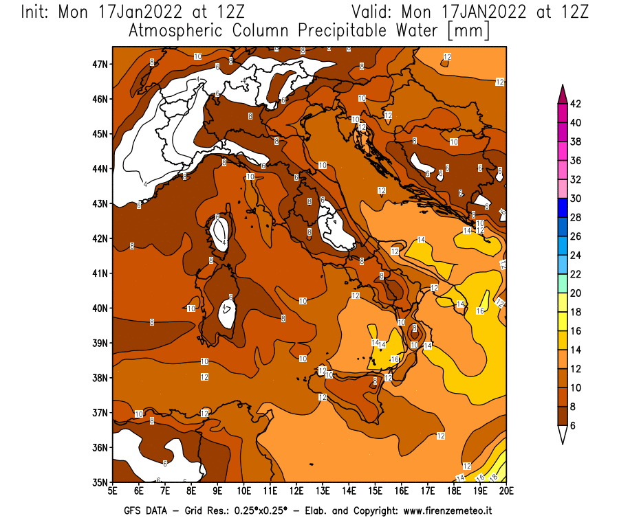 Mappa di analisi GFS - Precipitable Water [mm] in Italia
							del 17/01/2022 12 <!--googleoff: index-->UTC<!--googleon: index-->