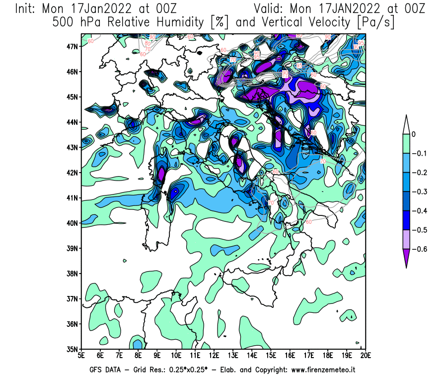 Mappa di analisi GFS - Umidità relativa [%] e Omega [Pa/s] a 500 hPa in Italia
							del 17/01/2022 00 <!--googleoff: index-->UTC<!--googleon: index-->