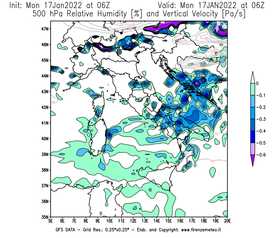Mappa di analisi GFS - Umidità relativa [%] e Omega [Pa/s] a 500 hPa in Italia
							del 17/01/2022 06 <!--googleoff: index-->UTC<!--googleon: index-->