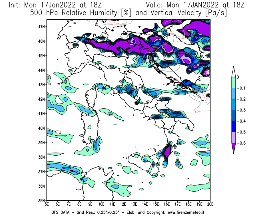 Mappa di analisi GFS - Umidità relativa [%] e Omega [Pa/s] a 500 hPa in Italia
							del 17/01/2022 18 <!--googleoff: index-->UTC<!--googleon: index-->