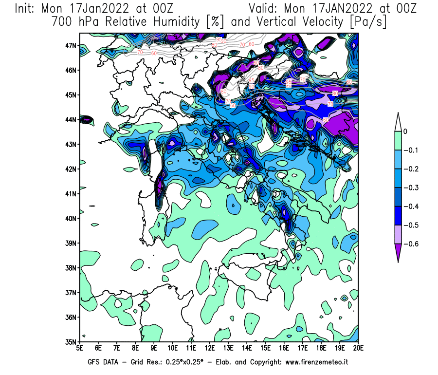 Mappa di analisi GFS - Umidità relativa [%] e Omega [Pa/s] a 700 hPa in Italia
							del 17/01/2022 00 <!--googleoff: index-->UTC<!--googleon: index-->