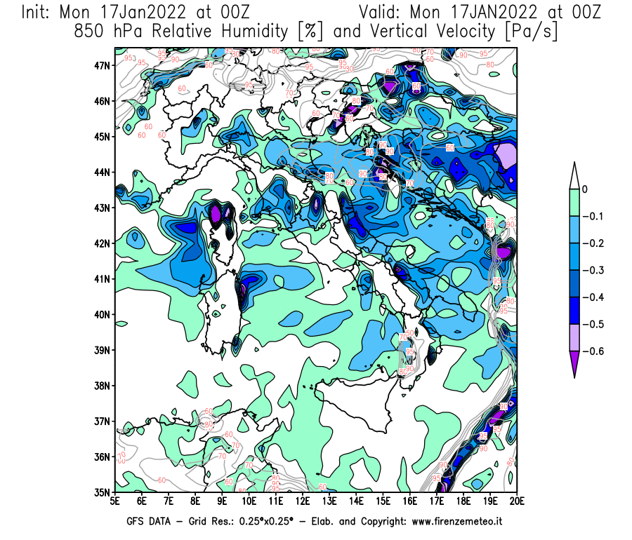 Mappa di analisi GFS - Umidità relativa [%] e Omega [Pa/s] a 850 hPa in Italia
							del 17/01/2022 00 <!--googleoff: index-->UTC<!--googleon: index-->