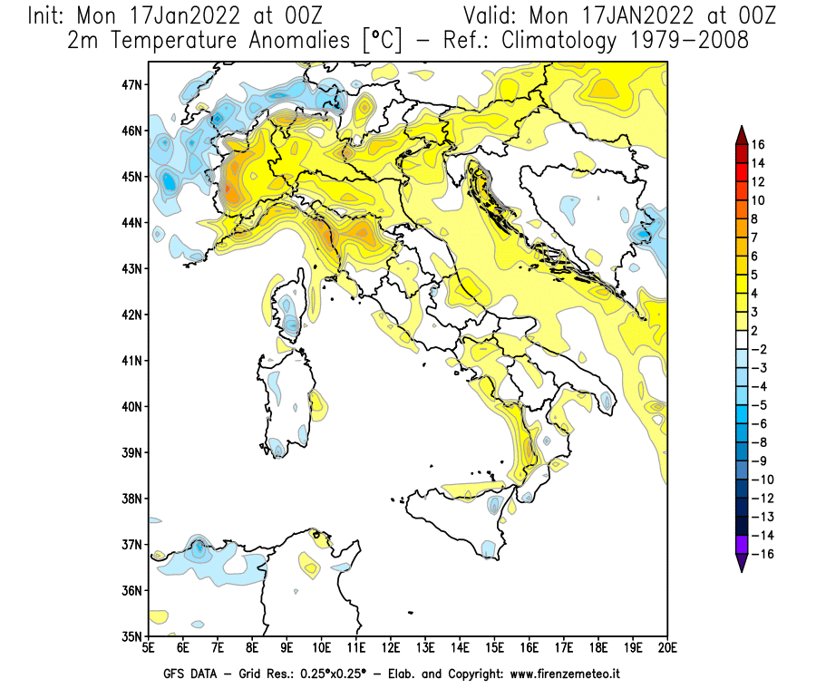 Mappa di analisi GFS - Anomalia Temperatura [°C] a 2 m in Italia
							del 17/01/2022 00 <!--googleoff: index-->UTC<!--googleon: index-->