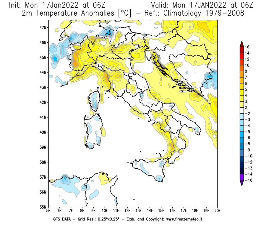 Mappa di analisi GFS - Anomalia Temperatura [°C] a 2 m in Italia
							del 17/01/2022 06 <!--googleoff: index-->UTC<!--googleon: index-->