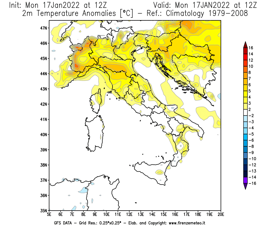 Mappa di analisi GFS - Anomalia Temperatura [°C] a 2 m in Italia
							del 17/01/2022 12 <!--googleoff: index-->UTC<!--googleon: index-->