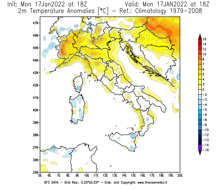 Mappa di analisi GFS - Anomalia Temperatura [°C] a 2 m in Italia
							del 17/01/2022 18 <!--googleoff: index-->UTC<!--googleon: index-->