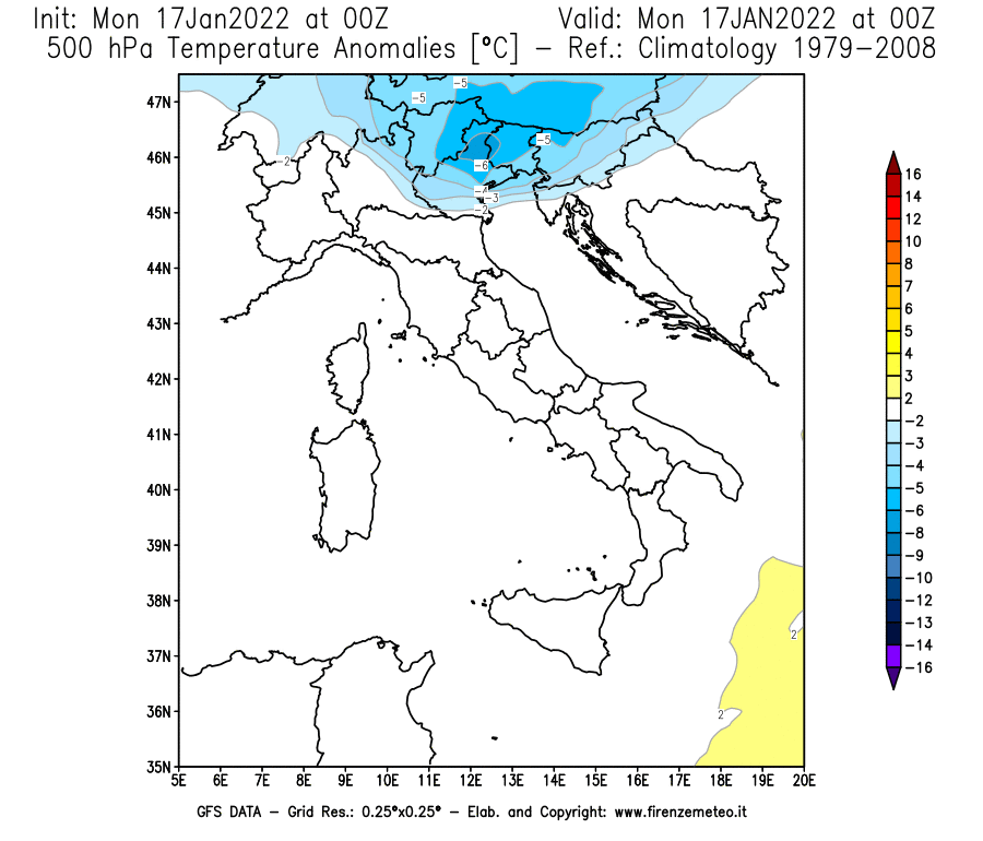 Mappa di analisi GFS - Anomalia Temperatura [°C] a 500 hPa in Italia
							del 17/01/2022 00 <!--googleoff: index-->UTC<!--googleon: index-->