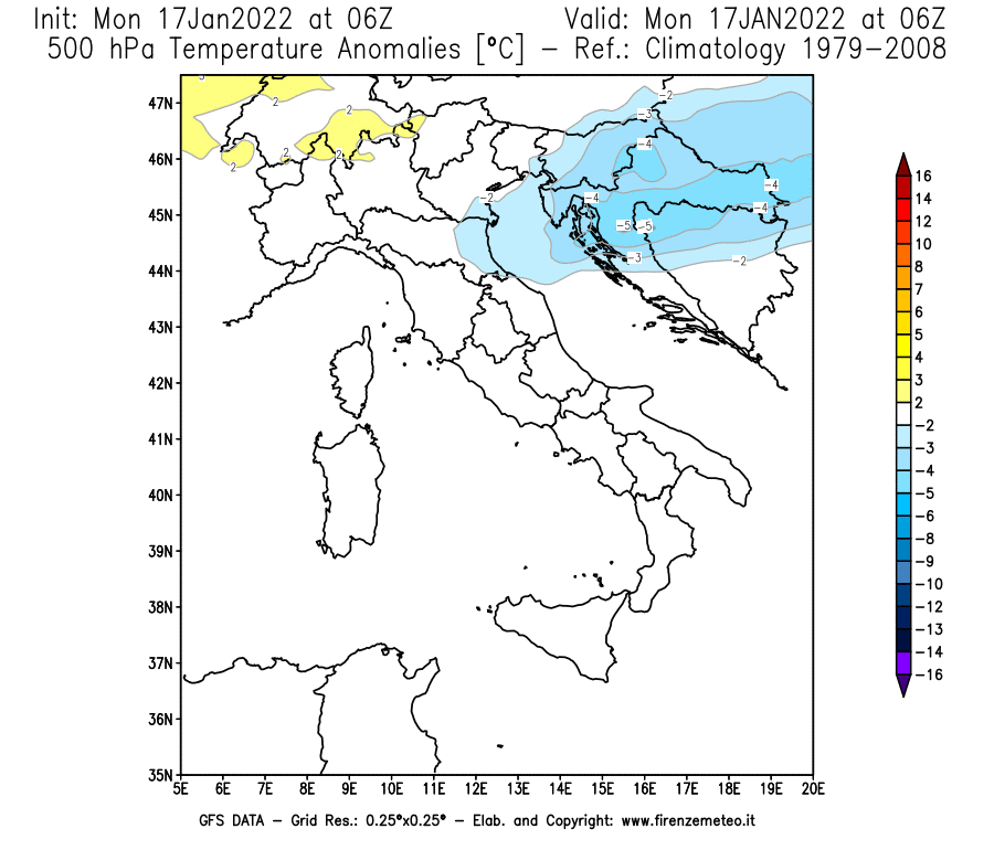Mappa di analisi GFS - Anomalia Temperatura [°C] a 500 hPa in Italia
							del 17/01/2022 06 <!--googleoff: index-->UTC<!--googleon: index-->