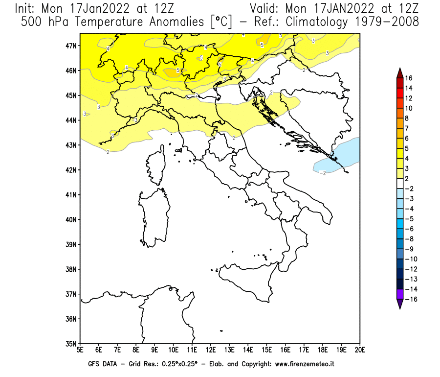 Mappa di analisi GFS - Anomalia Temperatura [°C] a 500 hPa in Italia
							del 17/01/2022 12 <!--googleoff: index-->UTC<!--googleon: index-->