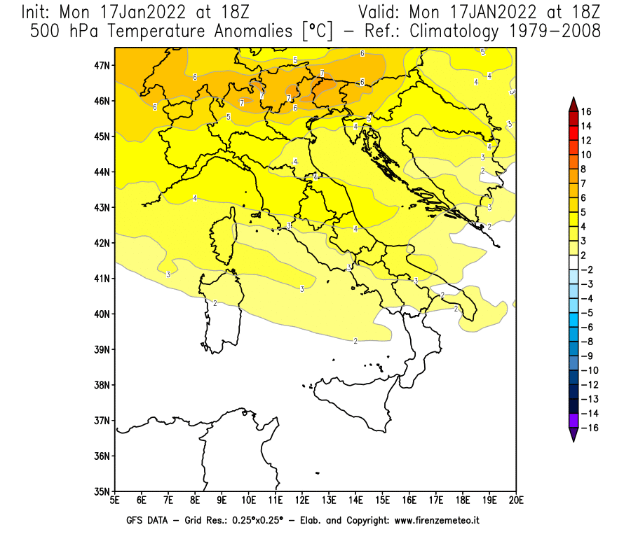 Mappa di analisi GFS - Anomalia Temperatura [°C] a 500 hPa in Italia
							del 17/01/2022 18 <!--googleoff: index-->UTC<!--googleon: index-->
