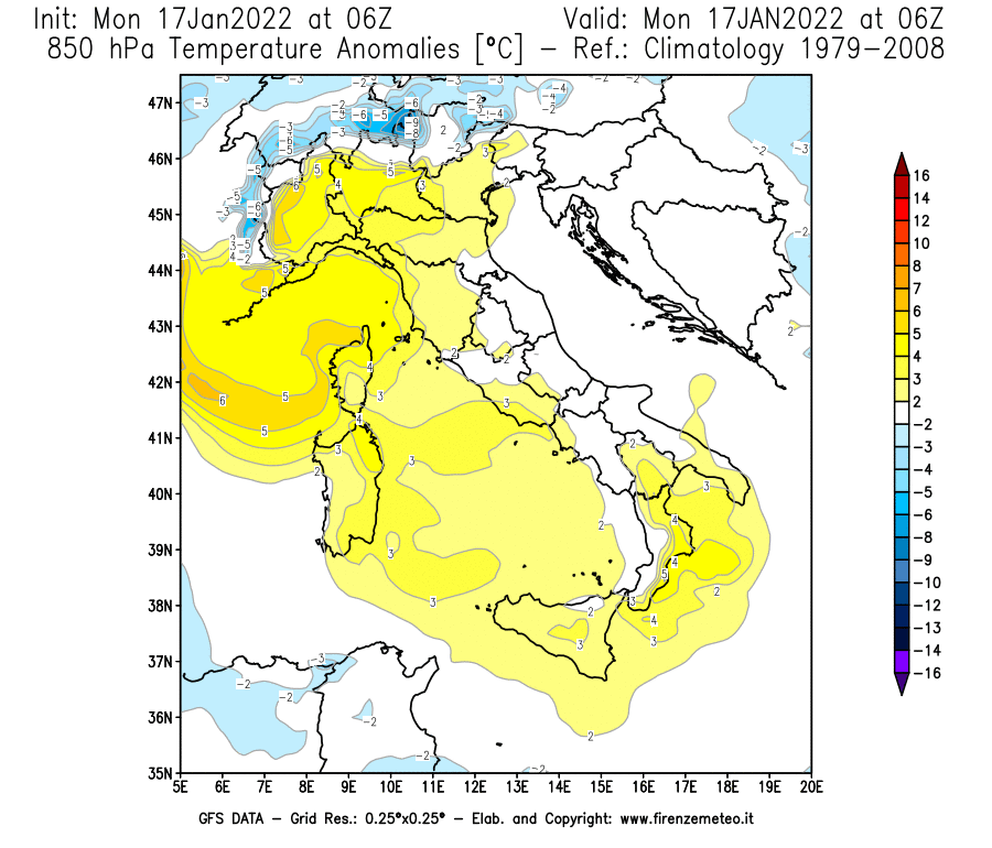 Mappa di analisi GFS - Anomalia Temperatura [°C] a 850 hPa in Italia
							del 17/01/2022 06 <!--googleoff: index-->UTC<!--googleon: index-->