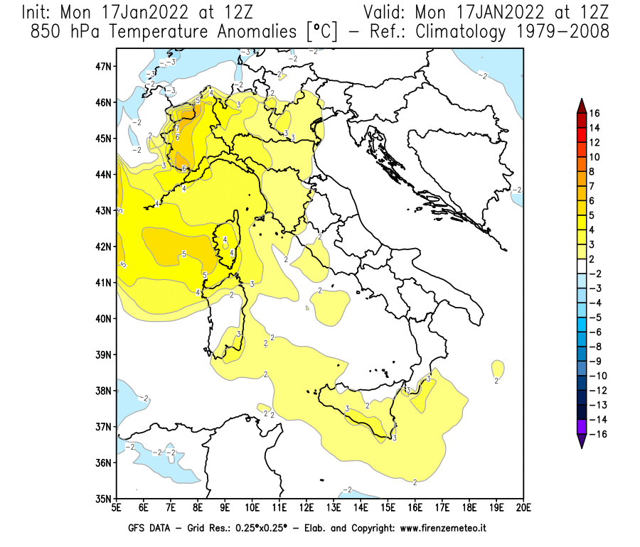 Mappa di analisi GFS - Anomalia Temperatura [°C] a 850 hPa in Italia
							del 17/01/2022 12 <!--googleoff: index-->UTC<!--googleon: index-->