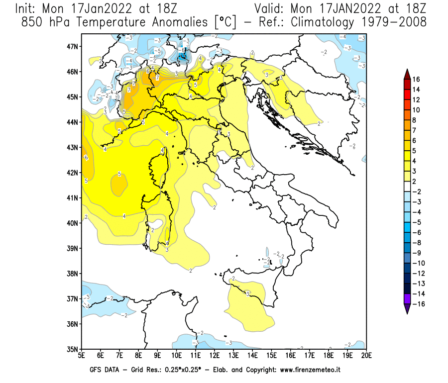 Mappa di analisi GFS - Anomalia Temperatura [°C] a 850 hPa in Italia
							del 17/01/2022 18 <!--googleoff: index-->UTC<!--googleon: index-->