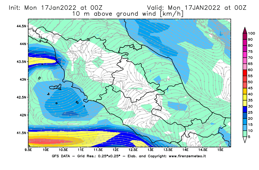 Mappa di analisi GFS - Velocità del vento a 10 metri dal suolo [km/h] in Centro-Italia
							del 17/01/2022 00 <!--googleoff: index-->UTC<!--googleon: index-->