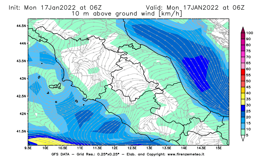 Mappa di analisi GFS - Velocità del vento a 10 metri dal suolo [km/h] in Centro-Italia
							del 17/01/2022 06 <!--googleoff: index-->UTC<!--googleon: index-->