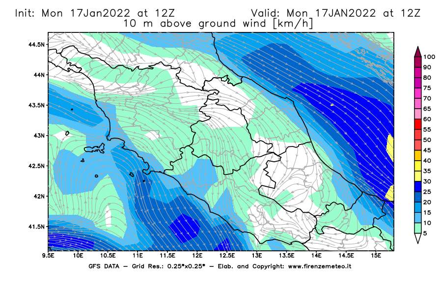 Mappa di analisi GFS - Velocità del vento a 10 metri dal suolo [km/h] in Centro-Italia
							del 17/01/2022 12 <!--googleoff: index-->UTC<!--googleon: index-->