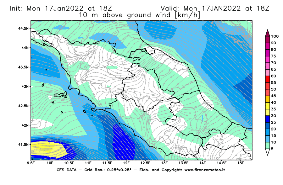 Mappa di analisi GFS - Velocità del vento a 10 metri dal suolo [km/h] in Centro-Italia
							del 17/01/2022 18 <!--googleoff: index-->UTC<!--googleon: index-->