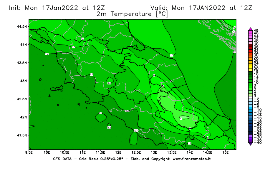 Mappa di analisi GFS - Temperatura a 2 metri dal suolo [°C] in Centro-Italia
							del 17/01/2022 12 <!--googleoff: index-->UTC<!--googleon: index-->