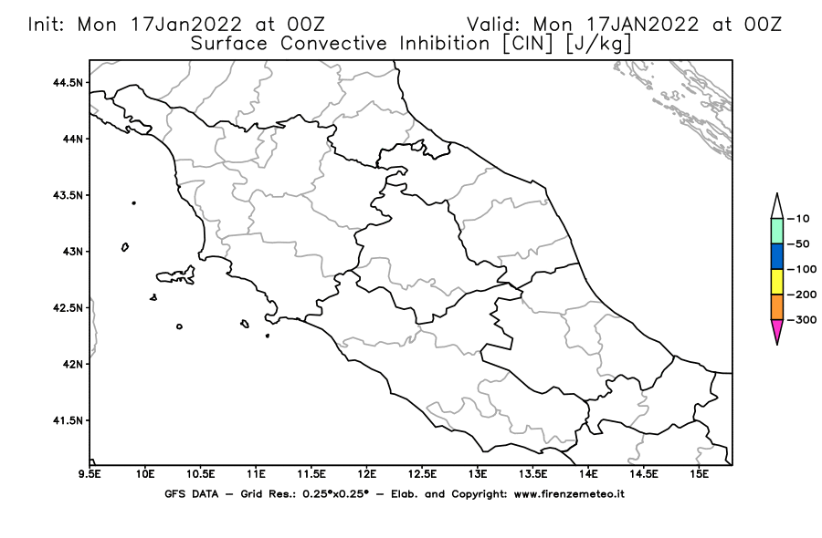 Mappa di analisi GFS - CIN [J/kg] in Centro-Italia
							del 17/01/2022 00 <!--googleoff: index-->UTC<!--googleon: index-->