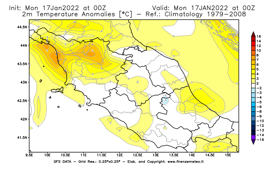 Mappa di analisi GFS - Anomalia Temperatura [°C] a 2 m in Centro-Italia
							del 17/01/2022 00 <!--googleoff: index-->UTC<!--googleon: index-->
