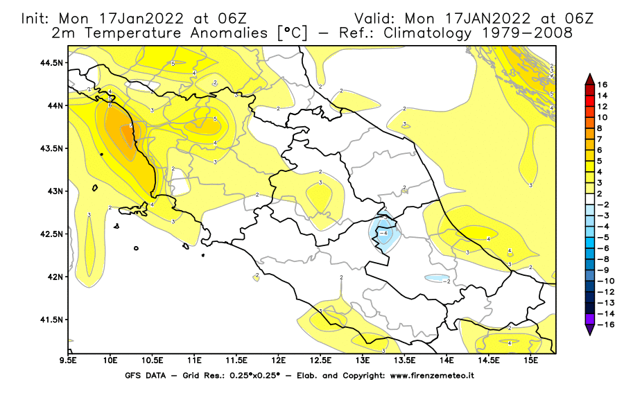 Mappa di analisi GFS - Anomalia Temperatura [°C] a 2 m in Centro-Italia
							del 17/01/2022 06 <!--googleoff: index-->UTC<!--googleon: index-->
