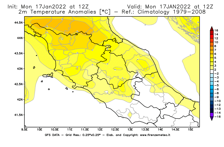 Mappa di analisi GFS - Anomalia Temperatura [°C] a 2 m in Centro-Italia
							del 17/01/2022 12 <!--googleoff: index-->UTC<!--googleon: index-->