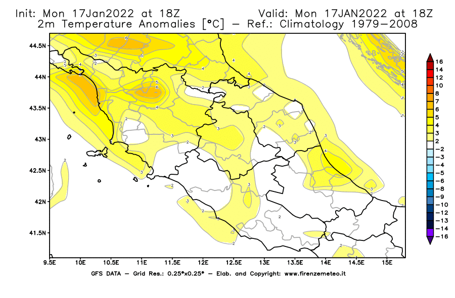 Mappa di analisi GFS - Anomalia Temperatura [°C] a 2 m in Centro-Italia
							del 17/01/2022 18 <!--googleoff: index-->UTC<!--googleon: index-->