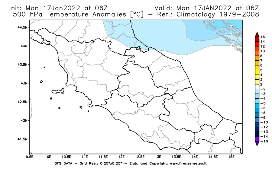 Mappa di analisi GFS - Anomalia Temperatura [°C] a 500 hPa in Centro-Italia
							del 17/01/2022 06 <!--googleoff: index-->UTC<!--googleon: index-->