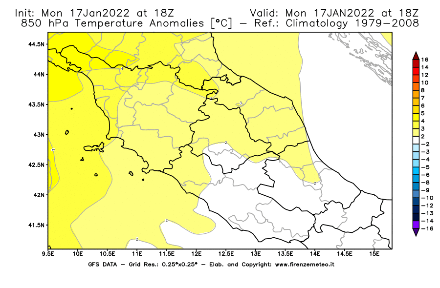 Mappa di analisi GFS - Anomalia Temperatura [°C] a 850 hPa in Centro-Italia
							del 17/01/2022 18 <!--googleoff: index-->UTC<!--googleon: index-->