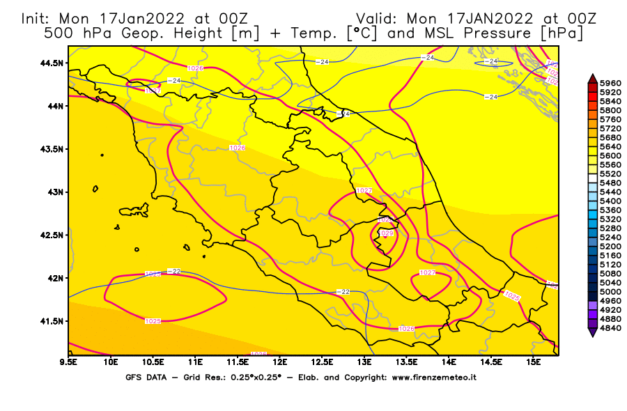 Mappa di analisi GFS - Geopotenziale [m] + Temp. [°C] a 500 hPa + Press. a livello del mare [hPa] in Centro-Italia
							del 17/01/2022 00 <!--googleoff: index-->UTC<!--googleon: index-->